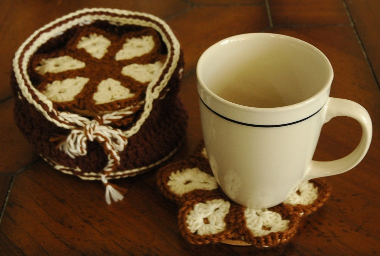 Set of 6 Crochet Flower Petal Coasters with Holder